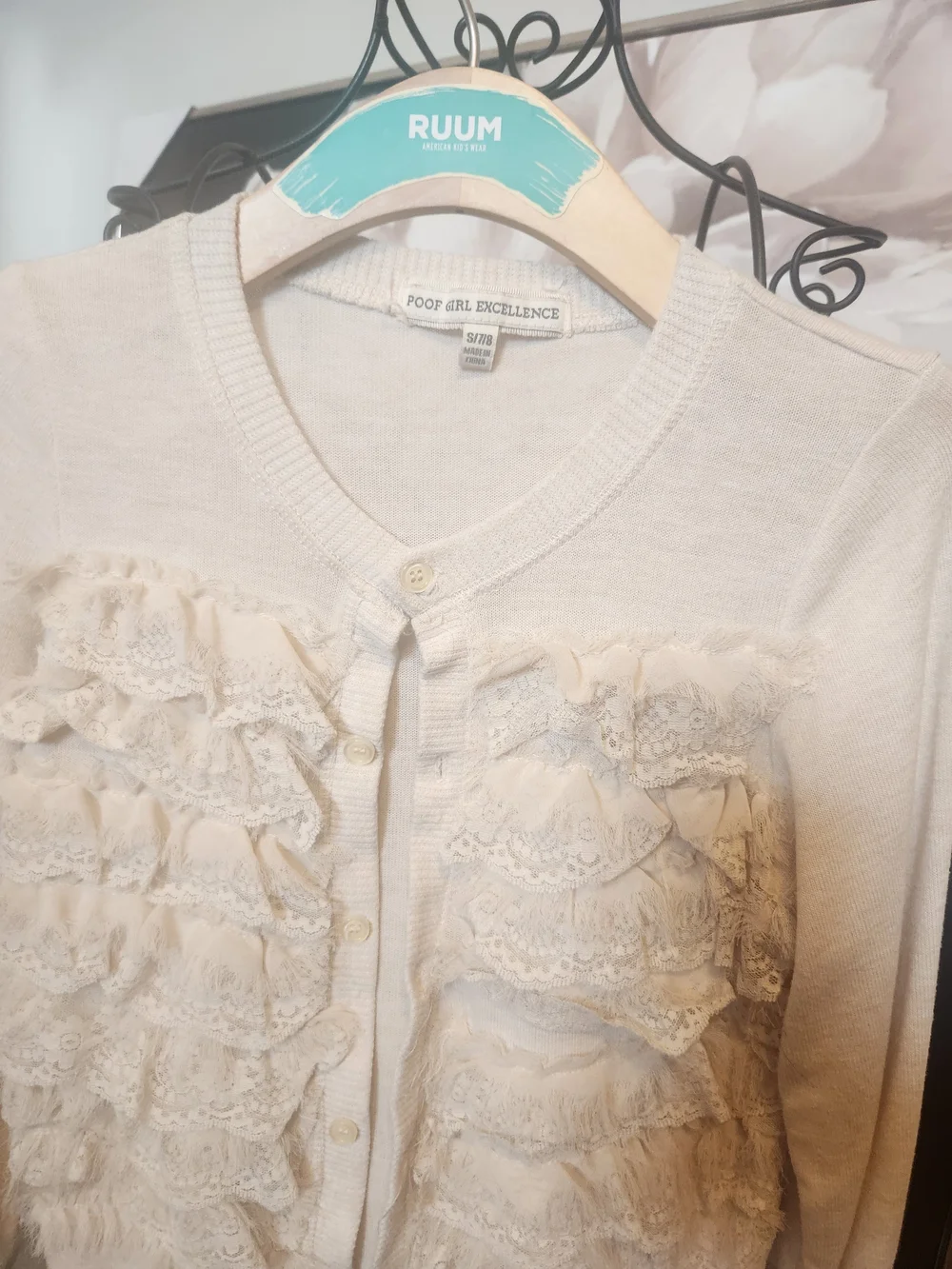 Girl's Cream Ruffle-Front Cardigan - Picture 2 of 5